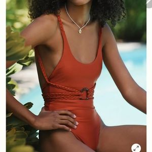 Anthropologie Bathing Swimsuit size 8 copper red clay with rope accents